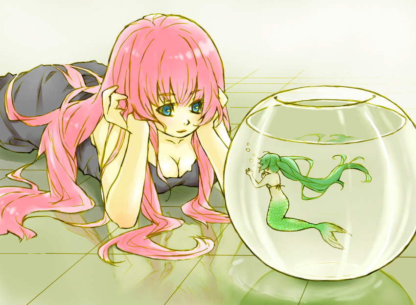 arm_support bad_id bad_pixiv_id bikini_top blue_eyes breasts bubble cleavage eye_contact fishbowl floating_hair green_hair hatsune_miku highres light_smile long_hair looking_at_another lying medium_breasts megurine_luka mermaid minigirl monster_girl monsterification multiple_girls nightgown on_stomach pink_hair pood1e reflection reflective_floor twintails very_long_hair vocaloid