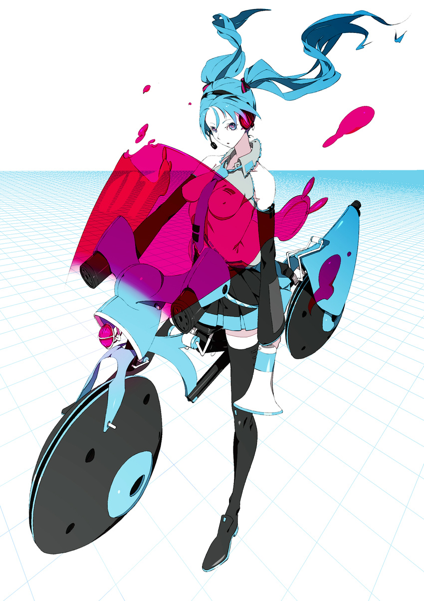 bad_id bad_pixiv_id bare_shoulders blue_eyes blue_hair breasts bthx covered_nipples detached_sleeves ground_vehicle hatsune_miku headphones headset highres impossible_clothes impossible_shirt long_hair medium_breasts megaphone motor_vehicle motorcycle necktie shirt skirt solo thighhighs twintails vocaloid zettai_ryouiki