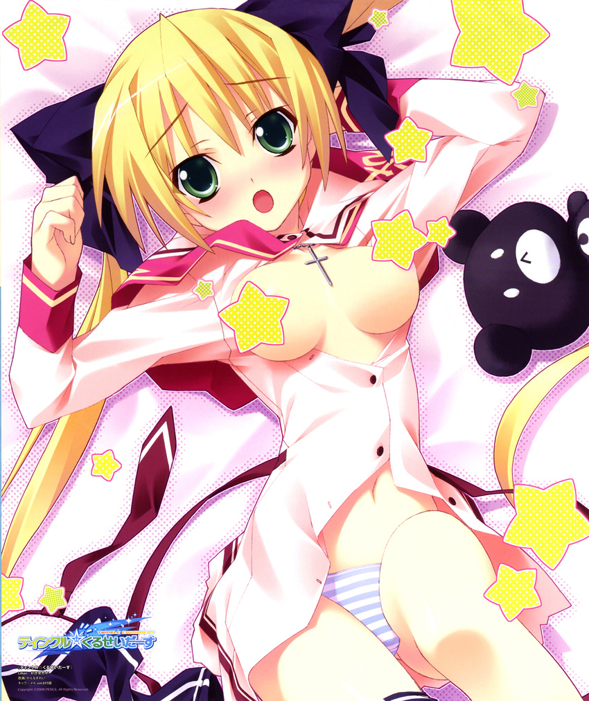 :o absurdres blonde_hair blush breasts breasts_outside censored charamel cross green_eyes highres jewelry kannagi_rei long_hair lying medium_breasts misa_brigitta_cristelis navel necklace necktie no_bra official_art on_back open_clothes open_shirt panties ribbon school_uniform shirt solo star star_censor striped striped_panties stuffed_animal stuffed_toy twinkle_crusaders twintails underwear undressing