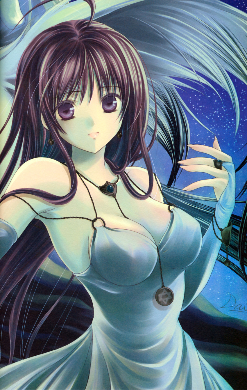 absurdres aikawa_daisei breasts bridal_gauntlets brown_hair cleavage copyright_request dress hexagram highres jewelry large_breasts long_hair necklace pendant purple_eyes solo