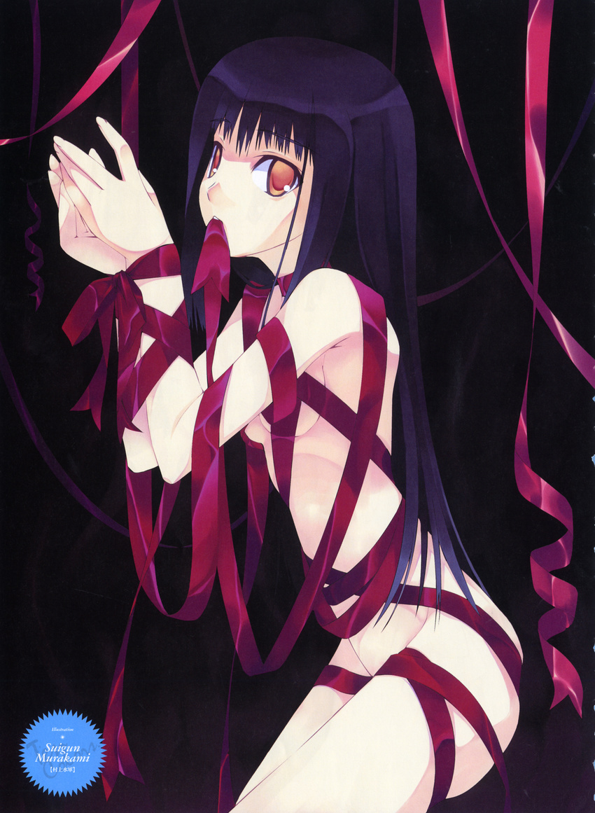 absurdres black_hair character_request copyright_request highres long_hair mouth_hold murakami_suigun naked_ribbon non-web_source nude orange_eyes ribbon solo