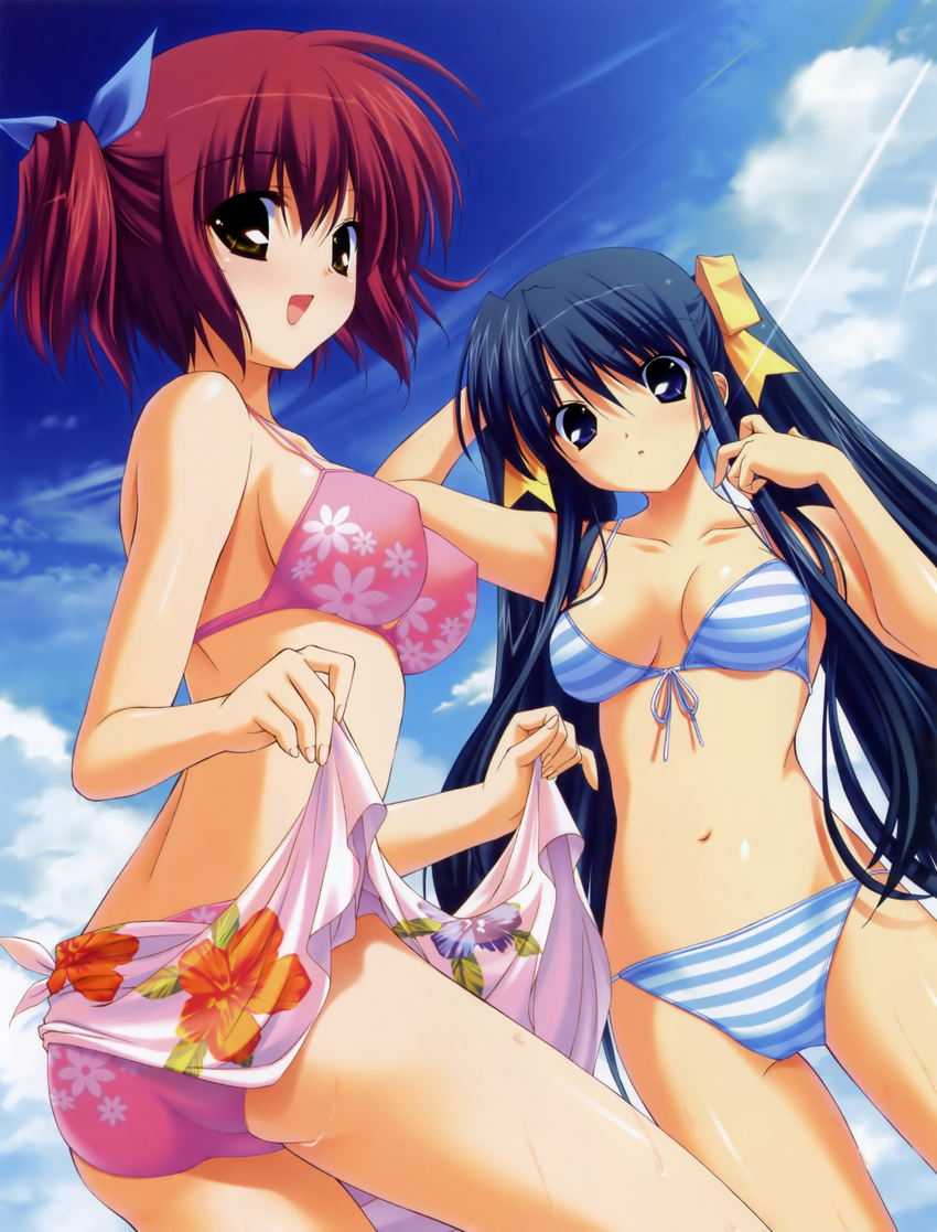 absurdres bikini blue_eyes blue_hair bow breasts cleavage cloud day front-tie_top fumio_(ura_fmo) highres hoshiuta kinoshita_midori kuroda_yui long_hair medium_breasts multiple_girls non-web_source pink_sarong print_sarong red_hair sarong short_hair sky striped striped_bikini swimsuit twintails very_long_hair yellow_eyes