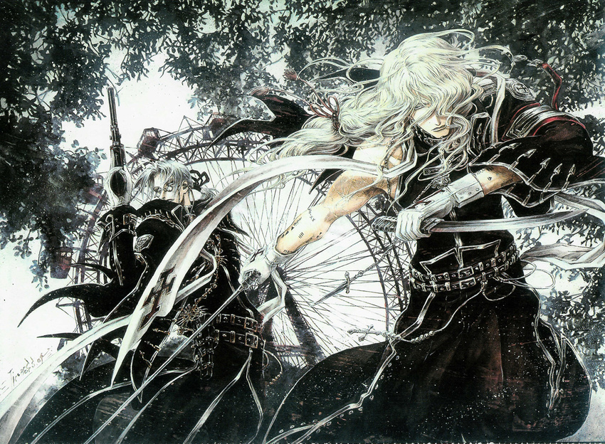 abel_nightroad bare_shoulders belt black_jacket dual_wielding expressionless ferris_wheel glasses gloves gun handgun holding holding_gun holding_sword holding_weapon hugue_de_watteau jacket leaf lips long_hair long_sleeves looking_at_viewer multiple_boys official_art outdoors plant revolver scan shibamoto_thores silver_hair sword tree trinity_blood uniform very_long_hair weapon white_gloves