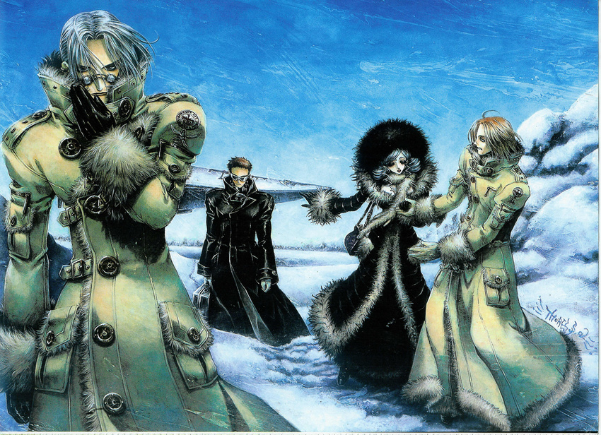 3boys abel_nightroad afro antonio_borgia black_hair brown_gloves brown_hair coat glasses gloves helga_von_vogelweide long_sleeves looking_at_viewer multiple_boys official_art outdoors scan shibamoto_thores short_hair snow standing tres_iqus trinity_blood winter winter_clothes winter_coat