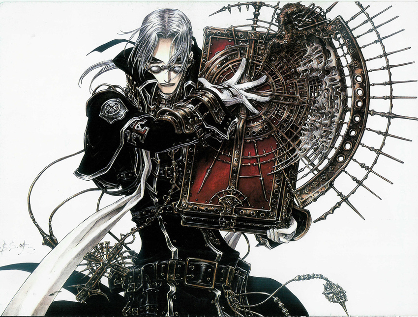 abel_nightroad belt book book_focus buckle coat cowboy_shot holding holding_book long_sleeves looking_at_viewer male_focus official_art oversized_object scan shibamoto_thores silver_hair simple_background solo standing trinity_blood uniform white_background