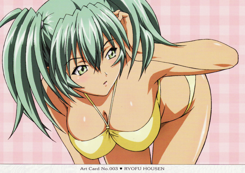 adjusting_hair artist_request bent_over bikini blush breasts cleavage green_eyes green_hair halter_top halterneck hanging_breasts highres ikkitousen large_breasts ryofu_housen solo striped striped_background swimsuit twintails