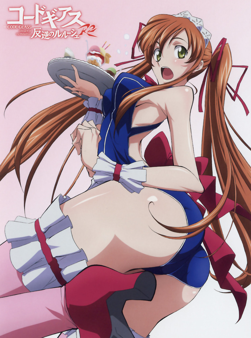 artist_request ashford_academy_swimsuit ass blush breasts code_geass green_eyes high_heels highres long_hair medium_breasts official_art one-piece_swimsuit open_mouth orange_hair school_swimsuit shirley_fenette shoes solo swimsuit thighhighs