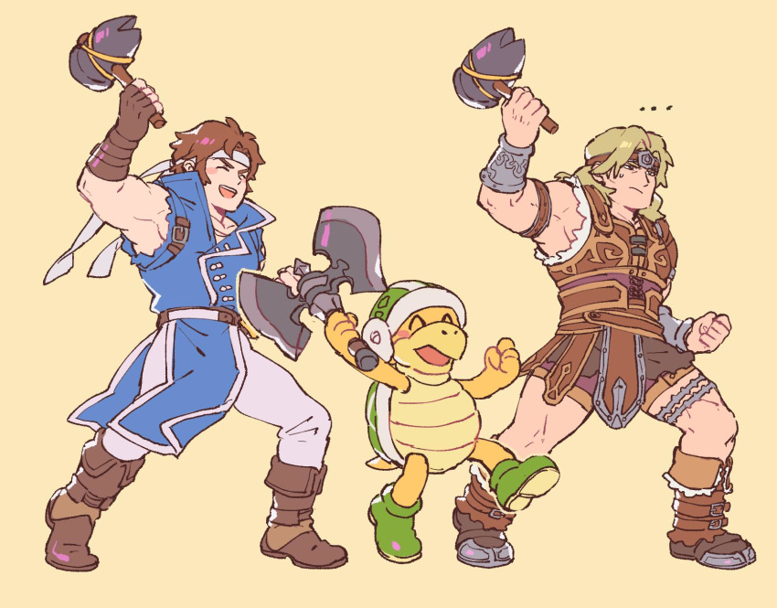 ... 3boys armpits axe blonde_hair blush_stickers boots bracer brown_footwear brown_hair castlevania clenched_hands gloves hammer hammer_brothers headband helmet highres holding holding_weapon jeepochu male_focus mario_(series) multiple_boys muscle nintendo pelvic_curtain richter_belmondo shell simon_belmondo sleeveless smile super_mario_bros. super_smash_bros. super_smash_bros._ultimate turtle weapon