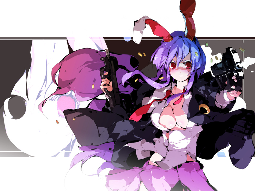 animal_ears bad_id bad_pixiv_id breasts bullpup bunny_ears casing_ejection dual_wielding firing gun highres holding holding_gun holding_weapon large_breasts long_hair muzzle_flash open_clothes open_shirt p90 purple_hair red_eyes reisen_udongein_inaba rifle sakura_sora shell_casing shirt skirt solo submachine_gun touhou wallpaper weapon