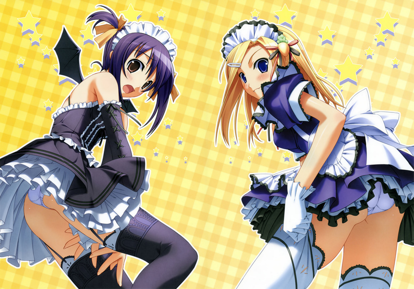 absurdres bat_wings blonde_hair blue_eyes blush brown_eyes detached_sleeves fangs gloves gothic_lolita hair_ornament hairclip highres horiuchi_sana lolita_fashion maid multiple_girls murakami_suigun panties pantyshot pia_carrot_(series) pia_carrot_e_youkoso!! purple_hair thighhighs underwear waitress white_legwear white_panties wings yaegashi_kanae