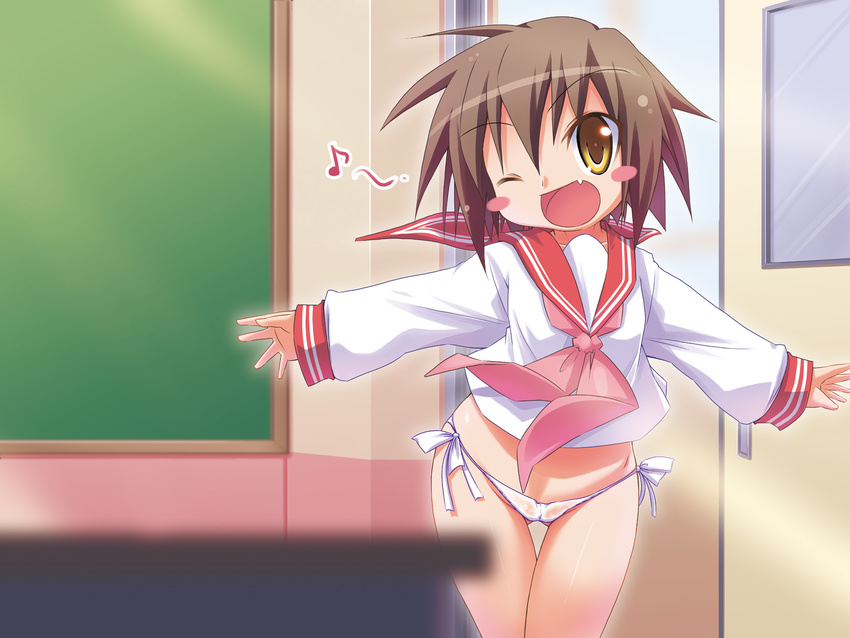 bad_id bad_pixiv_id blush_stickers brown_hair fang highres hirose_madoka kusakabe_misao lucky_star one_eye_closed panties pink_neckwear ryouou_school_uniform school_uniform serafuku short_hair side-tie_panties solo underwear yellow_eyes