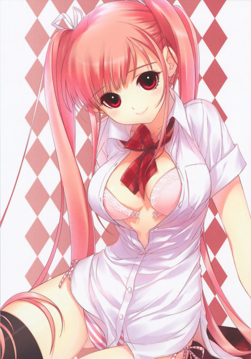 absurdres bra breasts hair_ribbon highres large_breasts lingerie long_hair open_clothes open_shirt panties pink_hair red_eyes ribbon shirahane_nao shirt solo striped striped_panties thighhighs twintails underwear