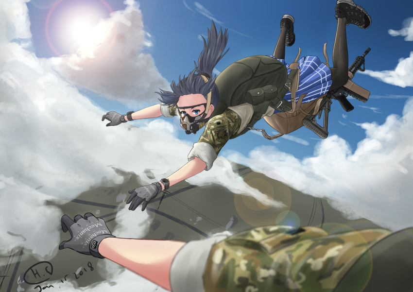 absurdres adapted_uniform ar-15 assault_rifle backpack bag black_hair blue_eyes blurry_foreground cloud commentary dated english_commentary gloves goggles gun highres himmelstern lens_flare looking_at_viewer original oxygen_mask pantyhose parachute pleated_skirt pov rifle signature skirt sky skydive watch weapon wristwatch