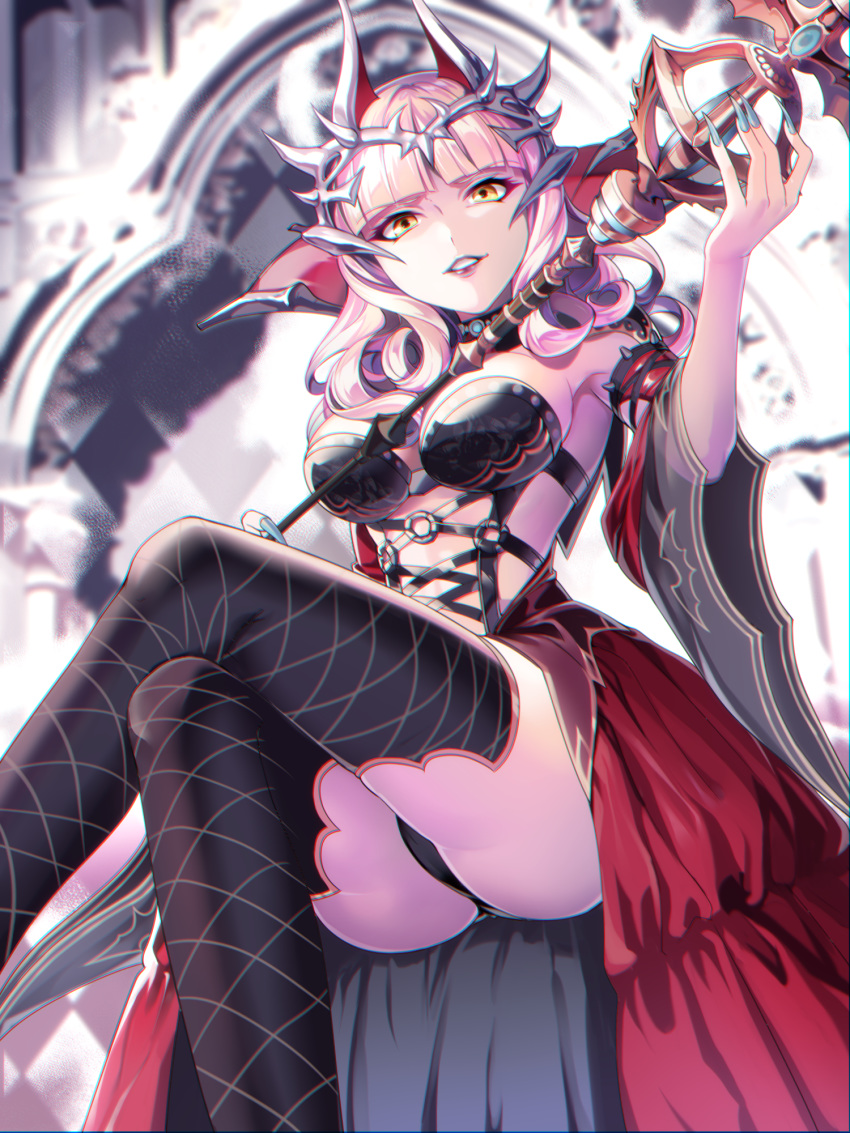 1girl bangs black_legwear black_panties blue_nails carmilla_(fate/grand_order) curly_hair eyebrows_visible_through_hair fate/grand_order fate_(series) fingernails hakka_(88hk88) headgear highres holding holding_staff legs_crossed long_fingernails long_hair nail_polish panties pantyshot pantyshot_(sitting) parted_bangs sharp_fingernails silver_hair sitting solo staff supportasse thighhighs underwear yellow_eyes