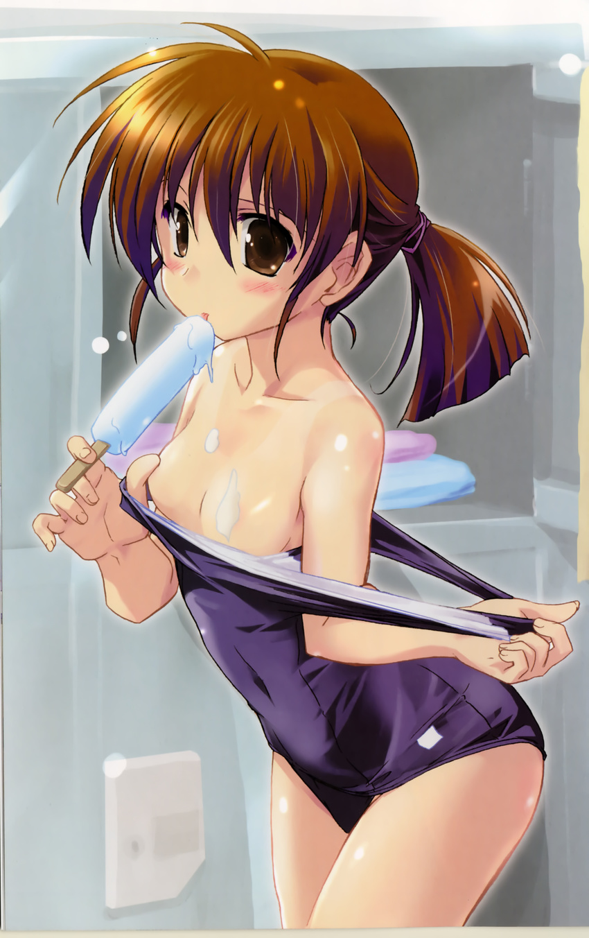 absurdres asaba_yuuko blush breasts brown_eyes brown_hair convenient_censoring food highres ice_cream iriya_no_sora_ufo_no_natsu komatsu_eiji locker locker_room melting non-web_source one-piece_swimsuit ponytail pulled_by_self school_swimsuit sexually_suggestive small_breasts solo swimsuit swimsuit_pull undressing