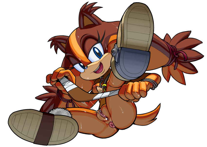 anus boomerang boots breasts eyelashes from_below highres hotred is_(artist) necklace nipples orange_fur pussy pussy_juice sega sonic_(series) sonic_boom sonic_team sticks_the_jungle_badger sweat tail transparent_background