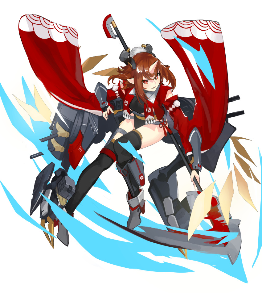 1girl absurdres ao_(1234painter) azur_lane bangs black_legwear breasts bridal_gauntlets bright_pupils brown_hair detached_sleeves full_body headgear high_heels highres holding holding_weapon horn long_sleeves medium_breasts medium_hair mogami_(azur_lane) naginata over-kneehighs pointy_ears polearm red_eyes remodel_(azur_lane) rigging simple_background solo tassel thigh_strap thighhighs thighs turret weapon white_background white_pupils wide_sleeves