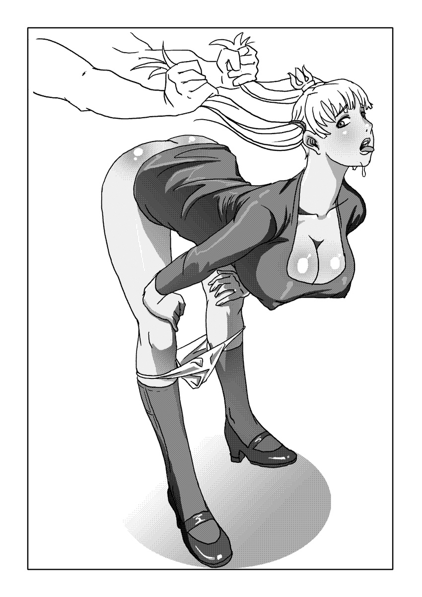 absurdres from_behind greyscale hair_grab highres monochrome panties princess saliva smolev solo_focus the_bremen_musicians underwear