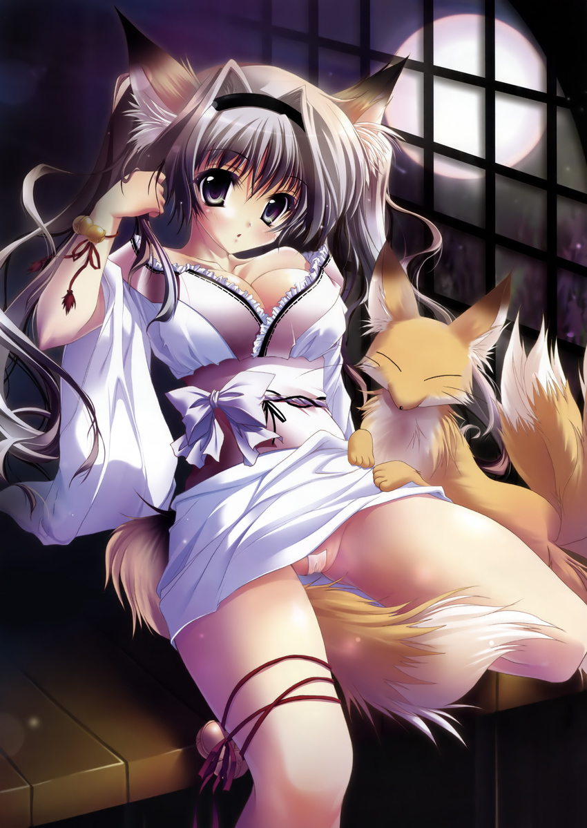 absurdres animal_ears bell bottomless breasts cleavage copyright_request fox fox_ears fox_tail groin hairband highres izumi_tsubasu japanese_clothes jingle_bell large_breasts long_hair looking_at_viewer maebari moon non-web_source purple_eyes ribbon silver_hair solo tail twintails