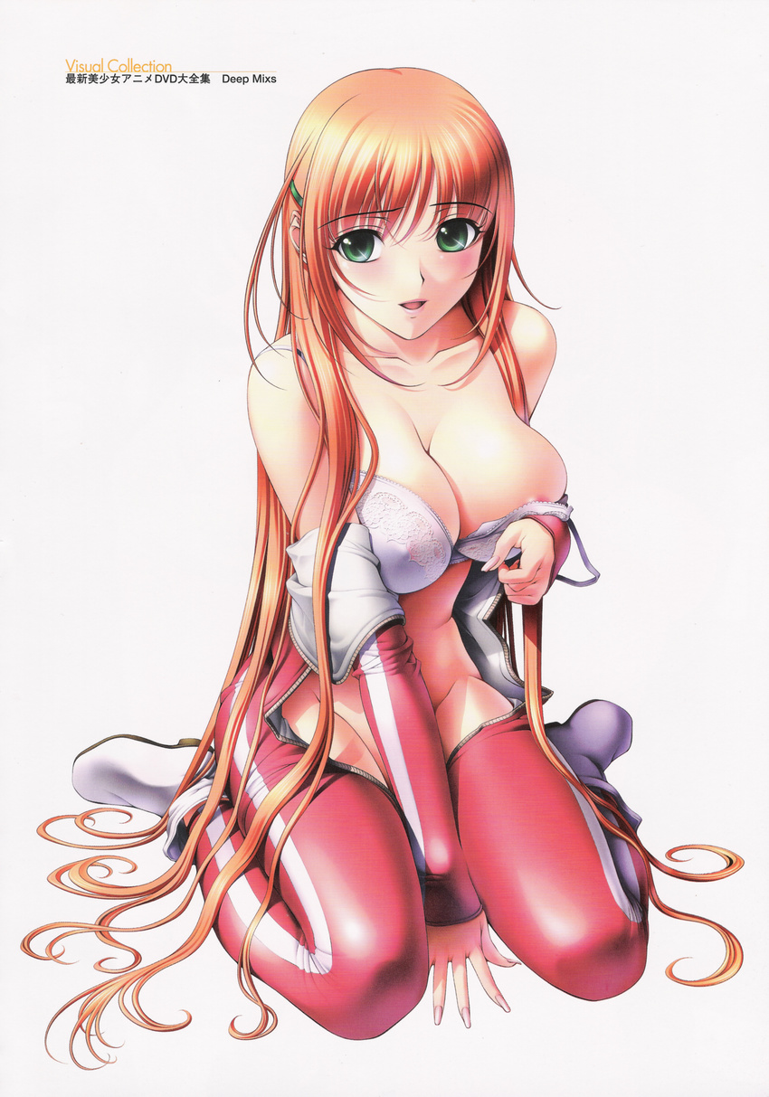 absurdres akibakei_kanojo aoi_ren bodysuit boots bra breasts cleavage cosplay green_eyes hair_ornament hairclip highres large_breasts lingerie long_hair nipple_slip nipples no_panties non-web_source pink_hair sano_toshihide scan solo strap_slip underwear undressing unzipped very_long_hair