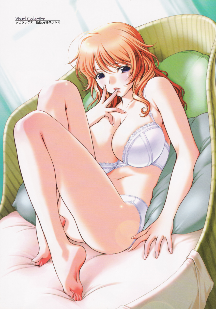 absurdres ahoge arm_support barefoot blue_eyes blush body_blush bra breasts chair cleavage dutch_angle feet finger_to_mouth fingernails full_body futago_no_haha_seihonnou highres huge_breasts indoors knees_up kusunoki_tomoe lace lace-trimmed_bra lace-trimmed_panties legs_up lens_flare lingerie lipstick long_fingernails long_hair long_legs long_toenails looking_at_viewer lying makeup mature navel official_art on_back orange_hair panties parted_lips pillow profile reclining sano_toshihide scan sidelocks sitting soles solo striped tiptoes toenails underwear underwear_only wavy_hair white_bra white_panties window