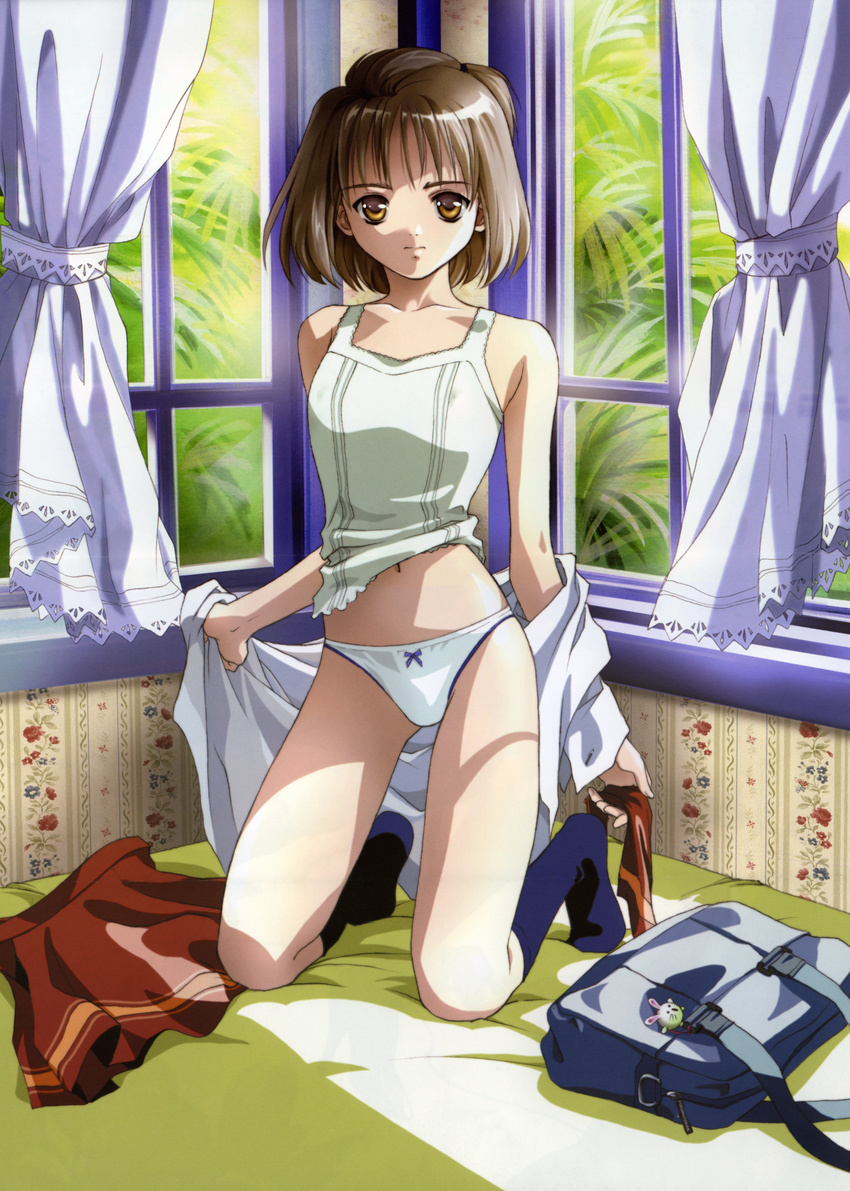 absurdres backpack bag bed bedroom blue_legwear blue_ribbon bob_cut brown_eyes brown_hair camisole highres indoors kameyama_hitomi lingerie no_pants panties red_skirt ribbon ribbon_panties rin-sin school_uniform shin_seiki_inma_seiden short_hair skirt skirt_removed socks solo tank_top underwear undressing white_panties