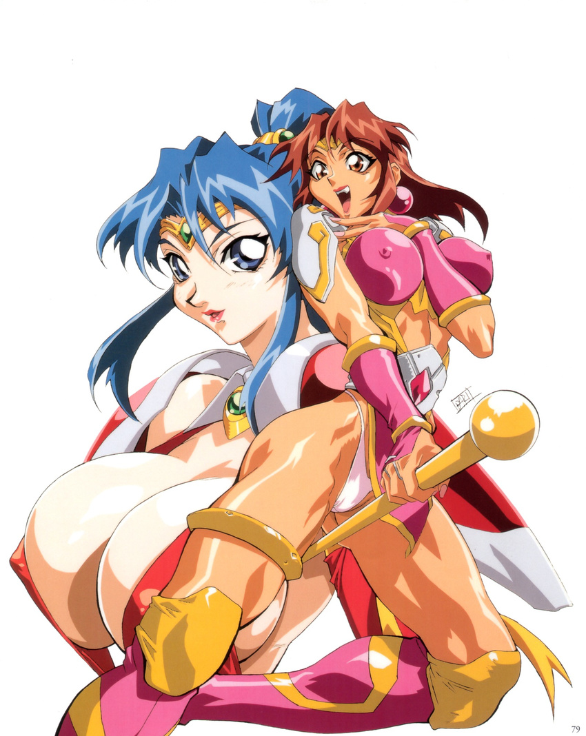 90s :d armor bangs belt between_breasts between_thighs blue_eyes blue_hair blush boots breasts bridal_gauntlets brown_eyes brown_hair center_opening choujin_gakuen_gowcaizer circlet cleavage covered_nipples earrings fang fingernails floating_hair foreshortening g-string gem groin hair_between_eyes hair_ornament hand_on_own_chest high_ponytail highres hishizaki_shaia_(gowcaizer) holding huge_breasts jewelry knee_pads kneeling large_breasts laughing leotard lips lipstick long_fingernails long_hair looking_at_viewer looking_away looking_back magical_girl makeup midriff multiple_girls nail_polish no_bra official_art oobari_masami open_mouth panties parted_bangs pauldrons pink_footwear pink_legwear pink_leotard pink_nails ponytail profile revealing_clothes scan sideboob sidelocks signature simple_background slender_waist smile son_karin spread_legs staff tan thigh_boots thighhighs thighlet thighs thong toned underwear upper_body weapon white_background white_panties