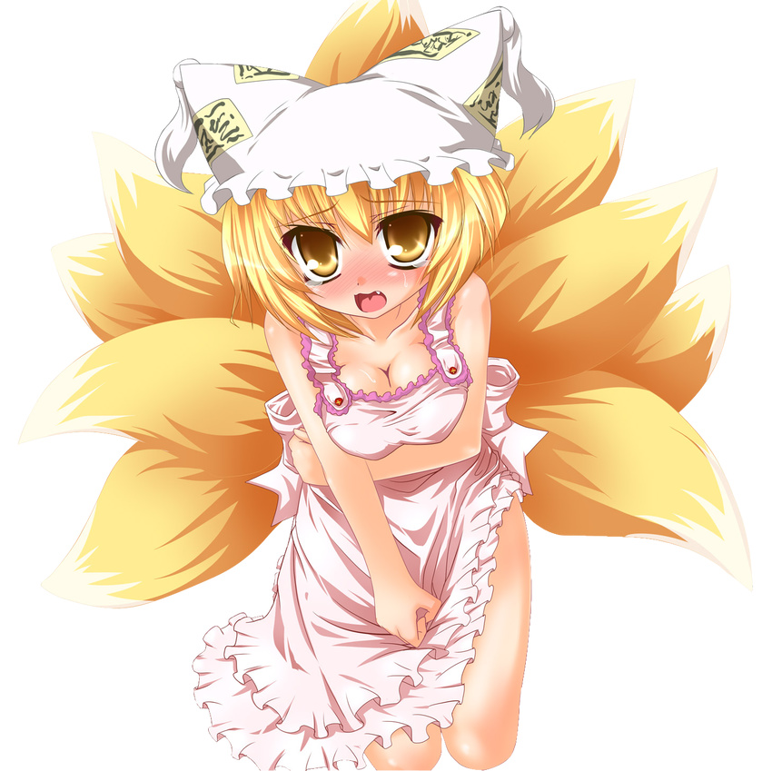 apron blonde_hair blush breast_squeeze breasts cleavage duplicate embarrassed fang hat highres kazami_karasu lossy-lossless medium_breasts multiple_tails naked_apron open_mouth render short_hair solo tail tears touhou transparent_background yakumo_ran yellow_eyes