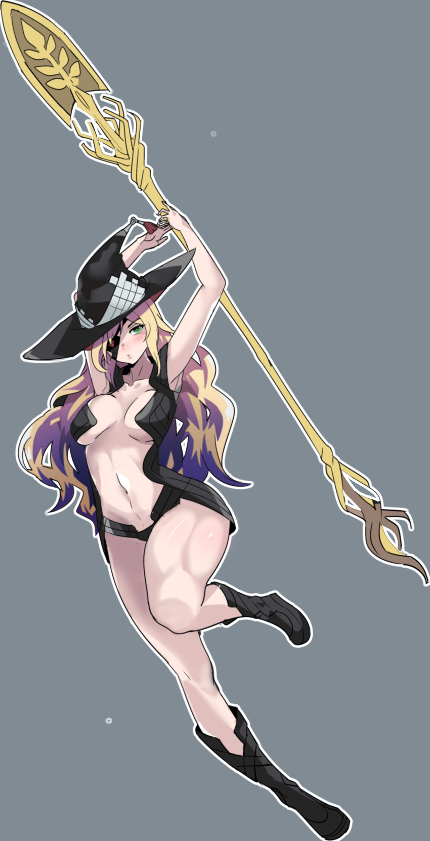 1girl absurdres arms_behind_head blonde_hair blush boots breasts green_eyes grey_background hat highres julioalqae long_hair medium_breasts navel othinus outline solo thighs to_aru_majutsu_no_index white_outline witch_hat