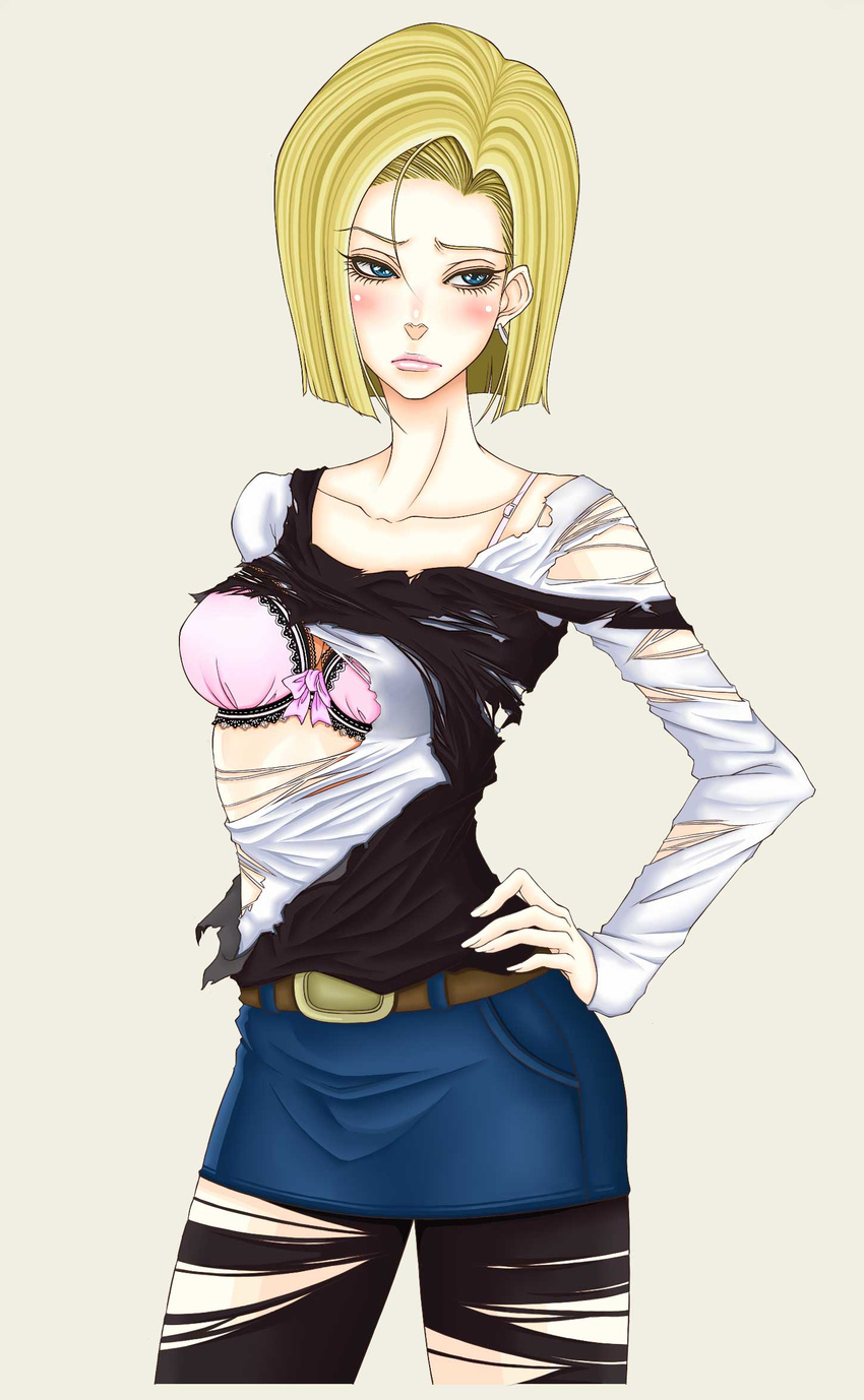 aiso_kai android_18 blonde_hair blue_eyes blush bra dragon_ball dragon_ball_z earrings highres jewelry lingerie miniskirt pantyhose pencil_skirt skirt solo torn_clothes torn_legwear underwear