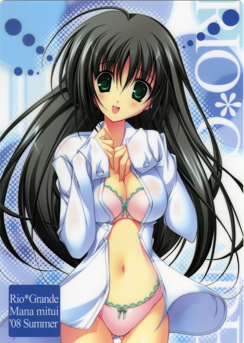 absurdres black_hair blush bra breasts cleavage dress_shirt green_eyes highres huge_filesize large_breasts lingerie long_hair mitsui_mana navel open_clothes open_mouth open_shirt panties rio-grande shirt solo underwear white_shirt