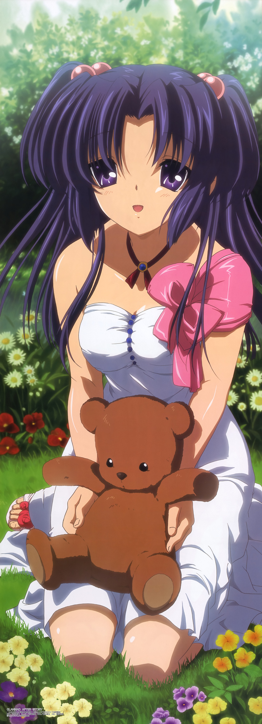 absurdres blue_hair bow clannad dress flower hair_bobbles hair_ornament highres ichinose_kotomi ikeda_kazumi long_hair long_image megami non-web_source official_art purple_eyes ribbon solo stick_poster stuffed_animal stuffed_toy tall_image teddy_bear two_side_up