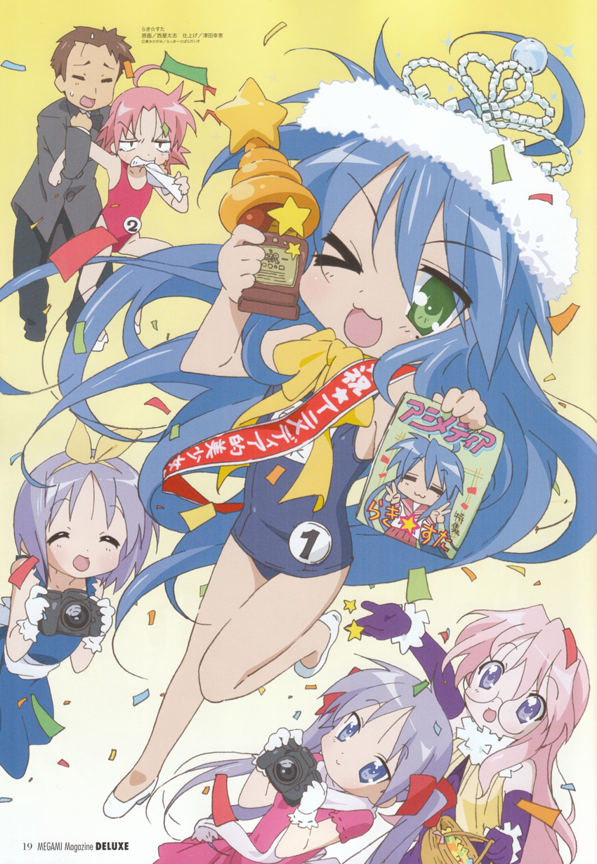 5girls absurdres ahoge camera chocolate_cornet food highres hiiragi_kagami hiiragi_tsukasa izumi_konata kogami_akira lucky_star megami mole mole_under_eye multiple_girls nishiya_futoshi one-piece_swimsuit one_eye_closed school_swimsuit shiraishi_minoru swimsuit takara_miyuki