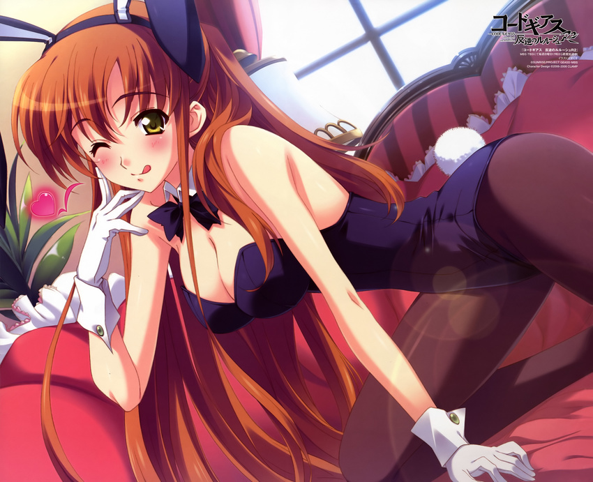 ;q absurdres animal_ears blush bow bowtie breasts brown_hair bunny_ears bunny_girl bunny_tail bunnysuit charamel cleavage code_geass couch gloves green_eyes heart highres kusukusu large_breasts lens_flare long_hair non-web_source official_art one_eye_closed orange_hair pantyhose shirley_fenette solo tail tongue tongue_out very_long_hair wallpaper white_gloves wrist_cuffs yellow_eyes