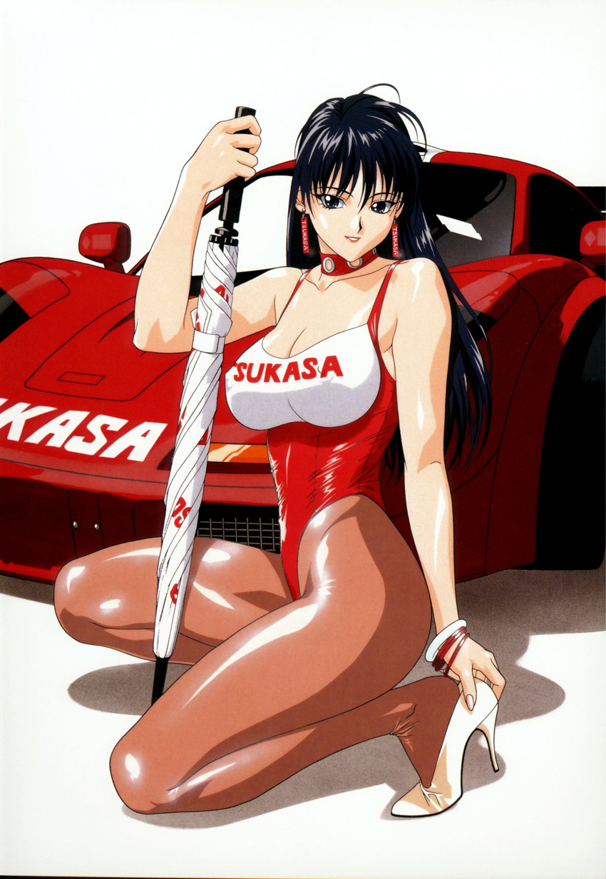 bare_shoulders black_eyes black_hair breasts car collar copyright_request covered_nipples curvy earrings ground_vehicle high_heels highres inoue_takuya jewelry large_breasts leotard long_hair mclaren mclaren_f1 model motor_vehicle one-piece_swimsuit pantyhose race_queen red_leotard shiny shoes skin_tight solo squatting swimsuit umbrella