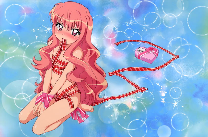 absurdres artist_request bdsm blush bondage bound bound_ankles bound_wrists box flat_chest heart highres long_hair louise_francoise_le_blanc_de_la_valliere mouth_hold naked_ribbon pink_eyes pink_hair ribbon solo valentine zero_no_tsukaima