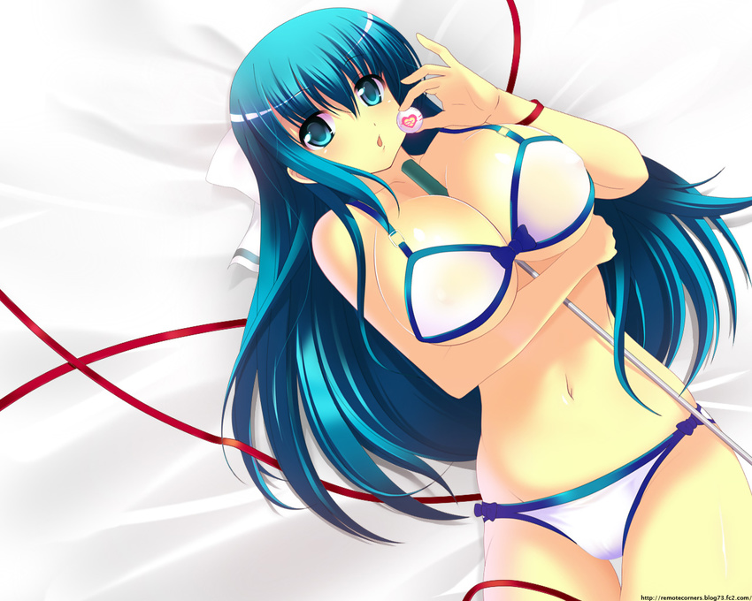 arin ball between_breasts bikini blue_eyes blue_hair blush bow breasts golf_club huge_breasts kyoku_tou long_hair pangya ribbon solo swimsuit wallpaper