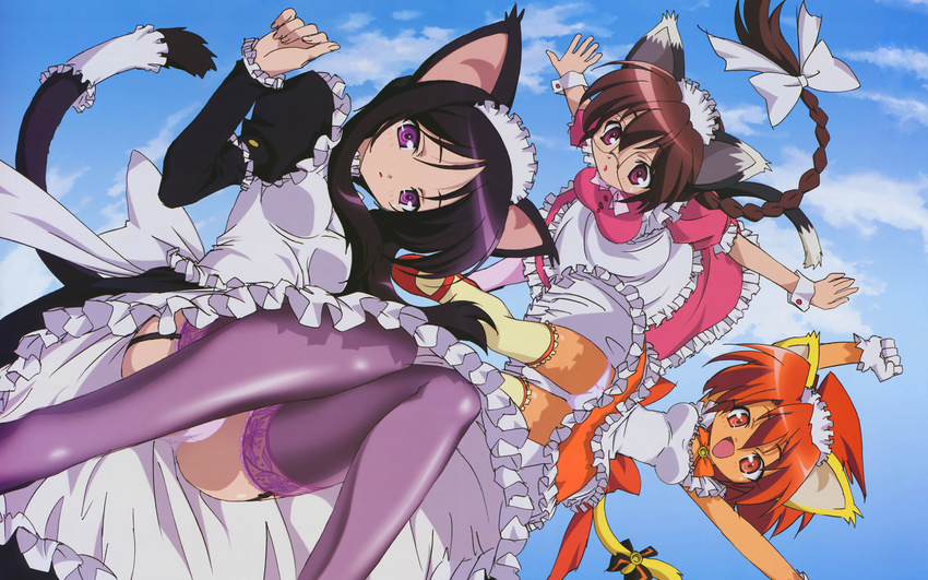 animal_ears bad_id bad_yandere_id black_hair braid brown_hair cat_ears cuffs dog_ears eneus flying frills garter_belt glasses gloves hasegawa_suzuho highres isono_satoshi long_hair magician's_academy maid multiple_girls open_mouth panties purple_eyes red_eyes red_hair short_hair tail tanarot thighhighs underwear wallpaper