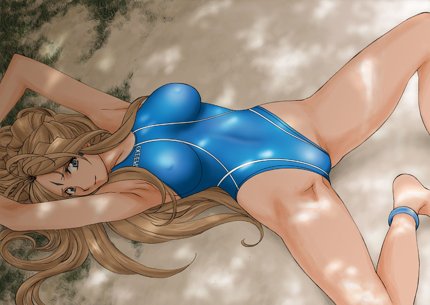 aa_megami-sama anklet belldandy blue_eyes blue_swimsuit breasts brown_hair competition_swimsuit covered_nipples facial_mark forehead_mark jewelry joy_division large_breasts long_hair non-web_source one-piece_swimsuit print_swimsuit solo spread_legs swimsuit