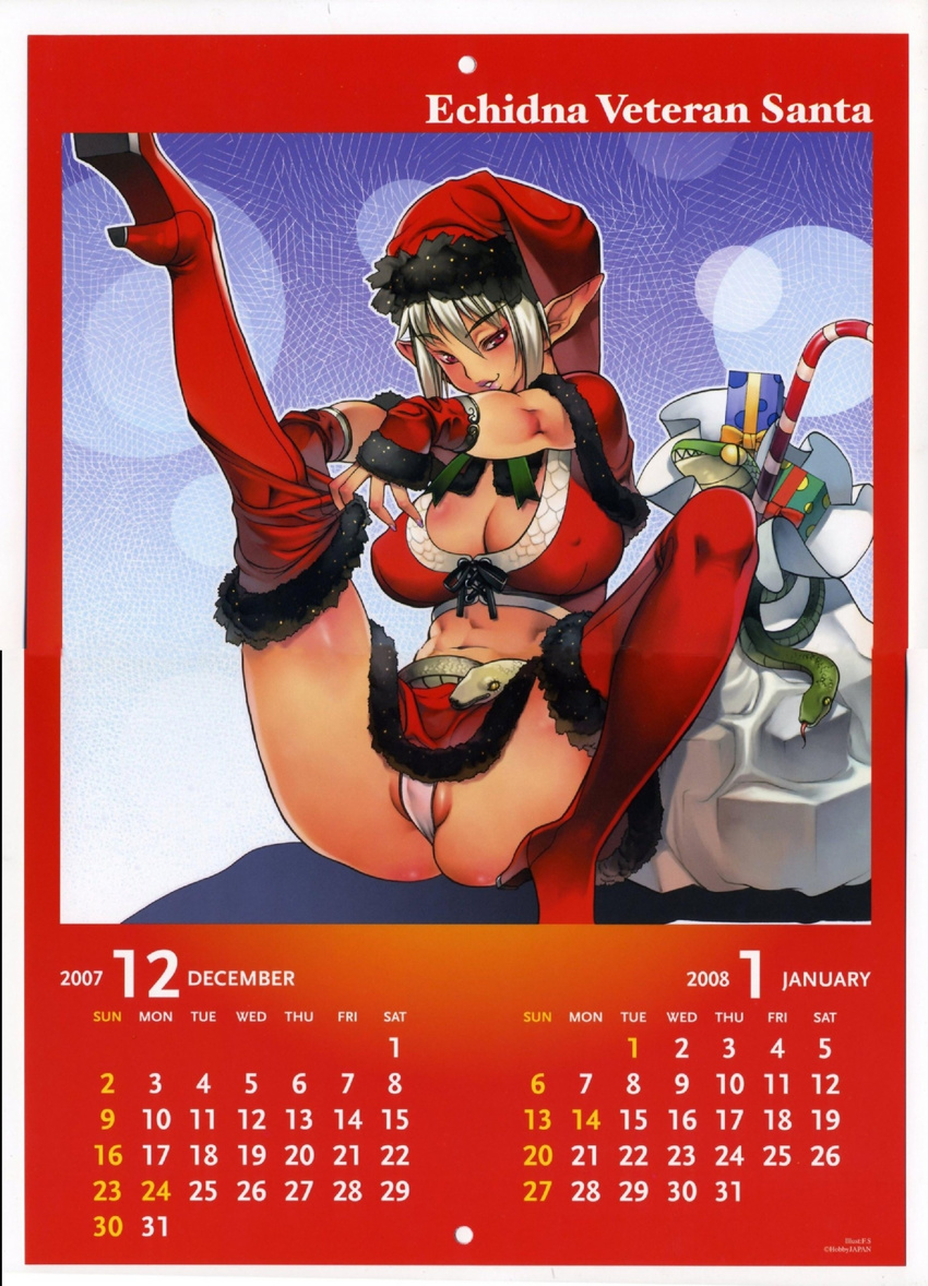 bag boots box breasts calendar_(medium) christmas echidna f.s. flexible hat high_heels highres large_breasts lips long_hair panties pointy_ears queen's_blade santa_costume santa_hat shoes skirt snake solo thigh_boots thighhighs underwear