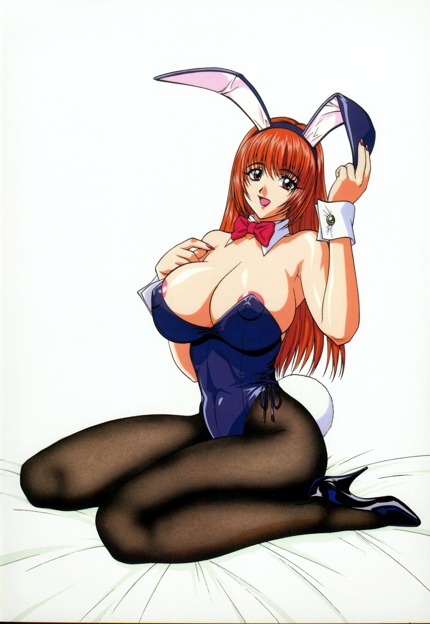 animal_ears areola_slip areolae bed_sheet blue_footwear blue_leotard bow bowtie breasts bunny_ears bunny_tail bunnysuit cleavage copyright_request corset curvy detached_collar eyebrows_visible_through_hair fake_animal_ears full_body high_heels highres huge_breasts inoue_takuya legs leotard long_hair long_legs looking_at_viewer nail_polish nipples one-piece_swimsuit open_mouth orange_hair pantyhose pumps red_eyes scan shiny shiny_skin shoes side-tie_leotard simple_background sitting solo swimsuit tail thighs wariza white_background wrist_cuffs