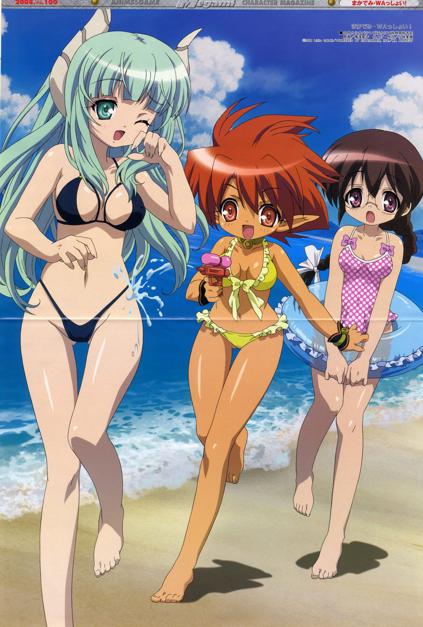 :d :o ;d absurdres bangs barefoot beach bikini black_hair blunt_bangs blush bow braid breasts casual_one-piece_swimsuit cleavage collar crease dark_skin day demon_girl falce feet fingernails frilled_bikini frills front-tie_top glasses green_eyes green_hair hair_ribbon hasegawa_suzuho highres horns innertube legs long_fingernails long_hair magician's_academy medium_breasts megami multiple_girls narumi_seiko navel official_art one-piece_swimsuit one_eye_closed open_mouth outdoors pink_swimsuit pointy_ears polka_dot polka_dot_swimsuit purple_eyes red_eyes red_hair ribbon running scan see-through shadow shiny shiny_skin short_hair single_braid small_breasts smile spiked_hair splashing surprised swimsuit tanarot thigh_gap thong_bikini water water_gun wet wide_hips wince wristband