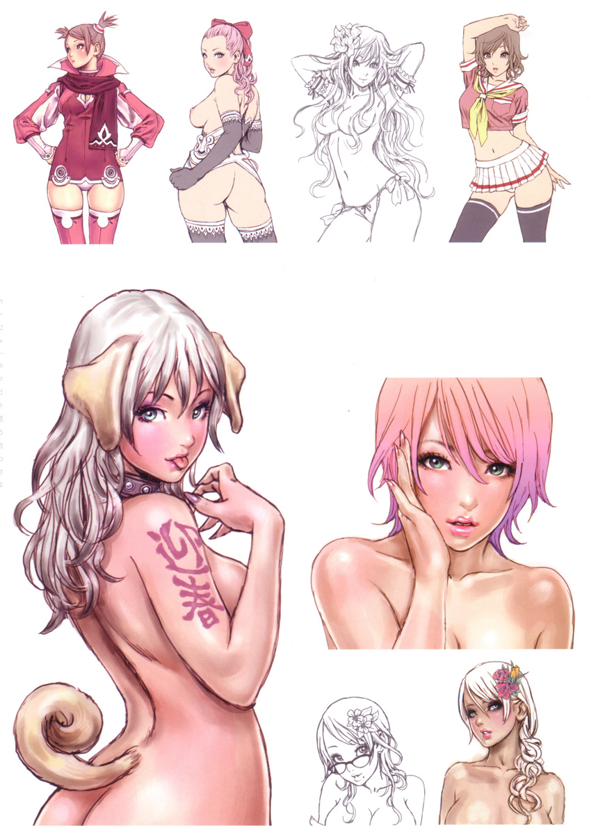 absurdres animal_ears armpits arms_up ass blue_eyes breasts brown_eyes brown_hair cleavage collar dog_ears elbow_gloves flower garters glasses gloves green_eyes hair_flower hair_ornament highres long_hair looking_back medium_breasts midriff multiple_girls nail_polish nipples panties pink_hair pink_nails purple_nails school_uniform silver_hair tail tattoo thigh_gap thighhighs tongue twintails underwear wide_hips wild_flower yamashita_shun'ya