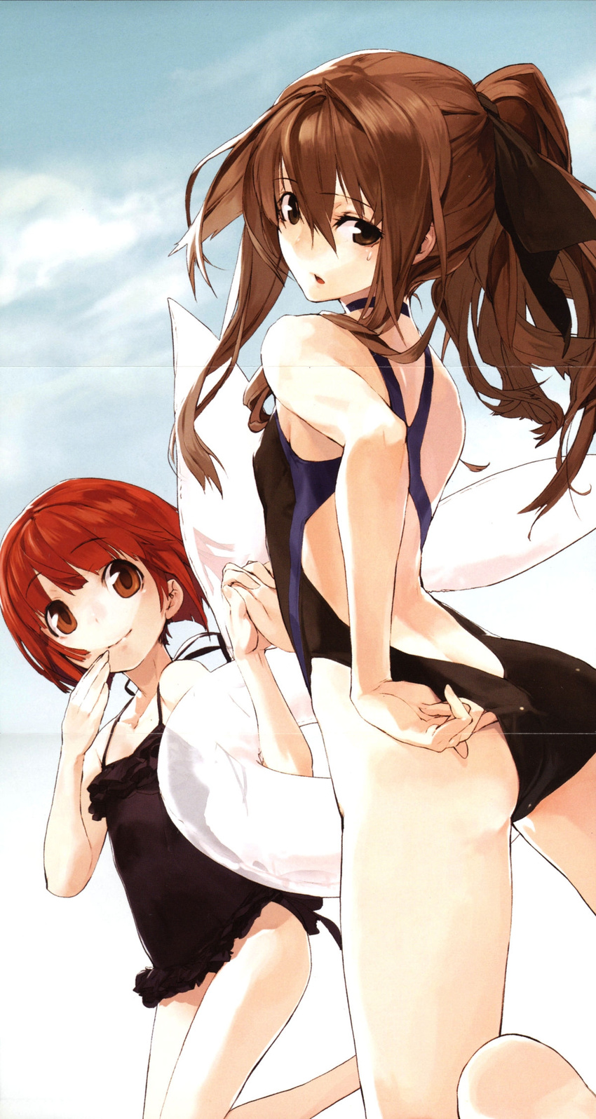 adjusting_clothes adjusting_swimsuit akai_ringo_(ookami-san) ass back brown_eyes brown_hair casual_one-piece_swimsuit child crease flat_chest highres holding_hands legs long_hair looking_back multiple_girls official_art one-piece_swimsuit ookami-san ookami_ryouko red_eyes red_hair scan short_hair swimsuit unaji