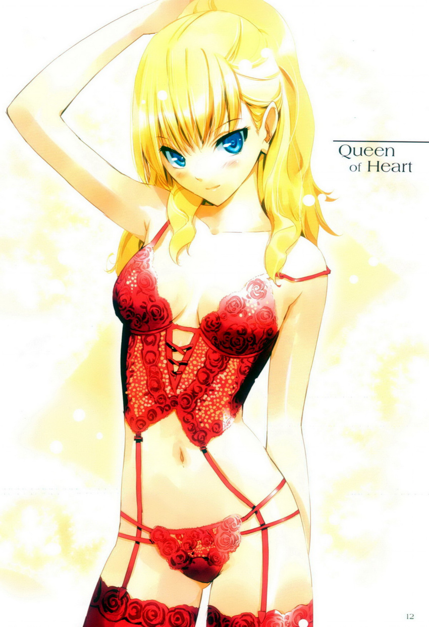 alice_in_wonderland blonde_hair blue_eyes breasts corset highres lingerie medium_breasts panties pubic_hair queen_of_hearts red_legwear red_panties solo thighhighs ueda_ryou underwear