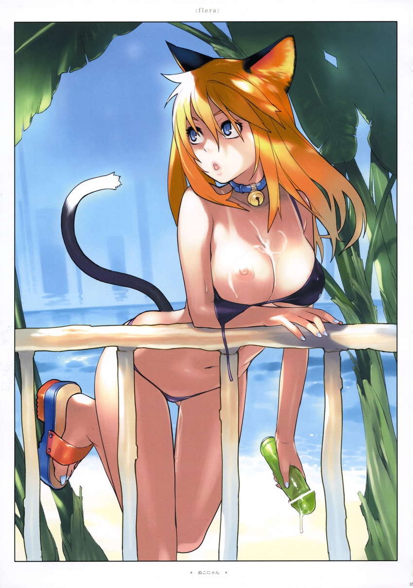 animal_ears arched_back beach bell bell_collar bikini blonde_hair blue_eyes blue_nails breast_slip breasts collar cum cum_on_body cum_on_breasts cum_on_upper_body day dildo highres large_breasts leaning_forward long_hair nail_polish nipples one_breast_out orange_hair original outdoors sandals scan sky solo strap_slip swimsuit tail wardrobe_malfunction water yukimi