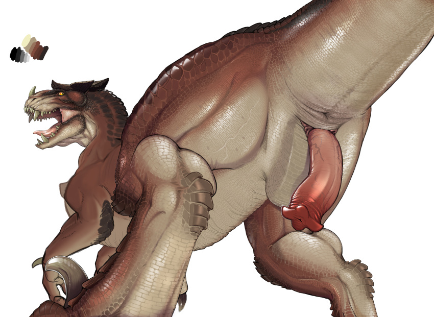 2019 absurd_res amber_eyes anus biped brown_scales brown_tail claws color_swatch digital_media_(artwork) dinosaur erection fangs feral hi_res looking_back male model_sheet narse open_mouth penis pink_penis pink_tongue rear_view reptile scales scalie simple_background solo teeth theropod thick_tail toe_claws tongue tyrannosaurid tyrannosaurus tyrannosaurus_rex white_background