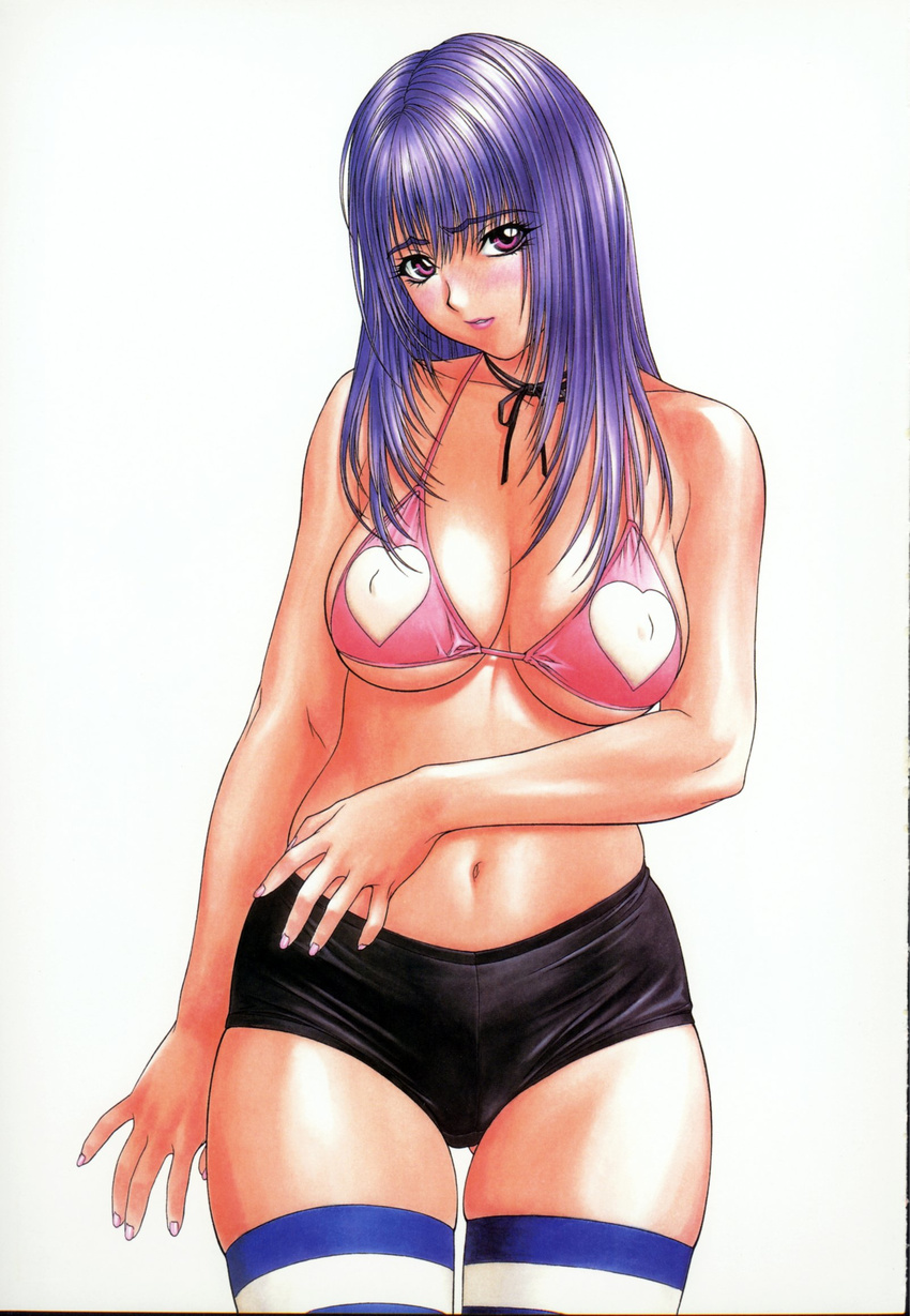 ass_visible_through_thighs bikini bikini_top blush breasts choker cleavage copyright_request covered_nipples cowboy_shot eyebrows_visible_through_hair halter_top halterneck heart heart_print highres huge_breasts inoue_takuya long_hair looking_at_viewer midriff navel neck_ribbon pink_eyes purple_hair ribbon scan short_shorts shorts simple_background solo striped striped_legwear swimsuit thighhighs white_background