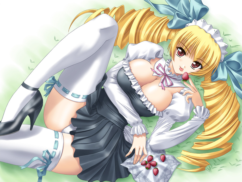 :p bangs blonde_hair bow bow_legwear breasts cleavage cleavage_cutout dress drill_hair dutch_angle eating food frills from_above fruit grass hair_bow high_collar high_heels highres holding kishi_nisen large_breasts leg_up long_hair lying maid maid_headdress napkin naughty_face neck_ribbon on_back on_ground oshioki_sweetie outdoors panties pantyshot pantyshot_(lying) pleated_dress red_eyes ribbon shinmeiji_rinn shirt shoes short_dress solo strawberry taut_clothes taut_shirt thighhighs tongue tongue_out twin_drills twintails underwear wallpaper white_panties