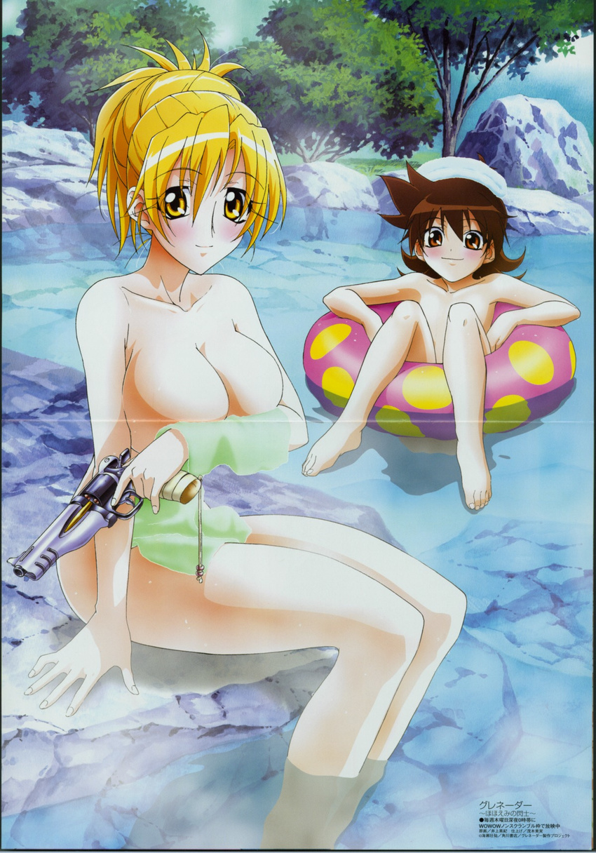 afloat age_difference arm_support bangs barefoot blonde_hair blush border breast_hold breast_squeeze breasts brown_eyes brown_hair censored cleavage convenient_censoring convenient_leg crease day feet flat_chest grenadier gun hair_between_eyes hair_bun hair_up handgun highres holding holding_gun holding_weapon innertube inoue_hideki kurenai_mikan large_breasts legs long_hair looking_at_viewer looking_back megami multiple_girls nature non-web_source nude official_art onsen outdoors polka_dot ponytail profile reclining revolver rock scan shadow sitting skindentation sky smile soaking_feet spiked_hair steam tendou_rushuna towel towel_on_head tree trigger_discipline water weapon wet yellow_eyes